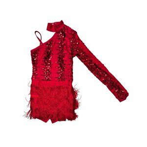 WEISSMAN Red One-Shoulder Sequin & Fringe Dance Costume With Snap Collar